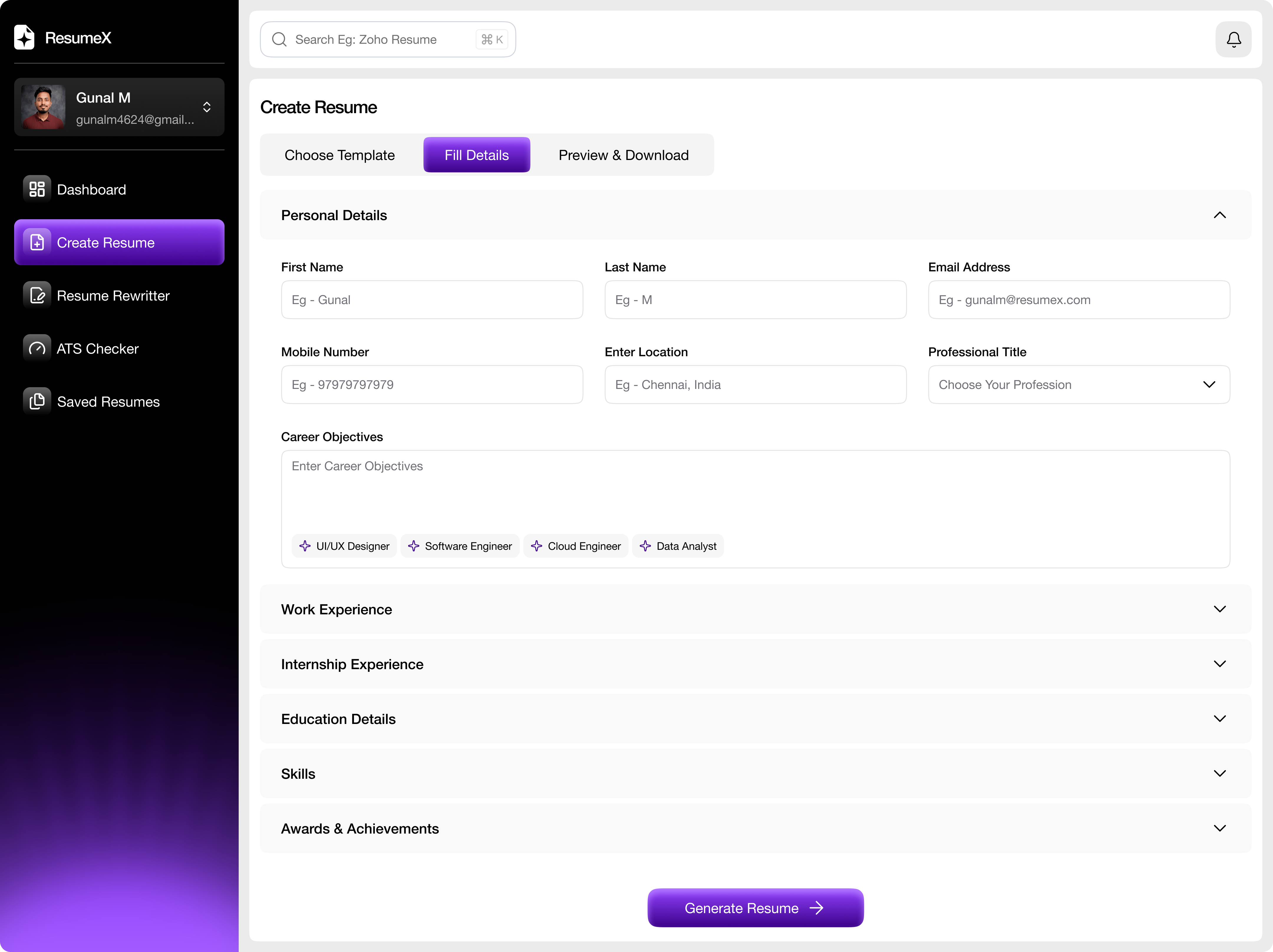 ResumeX Resume Builder